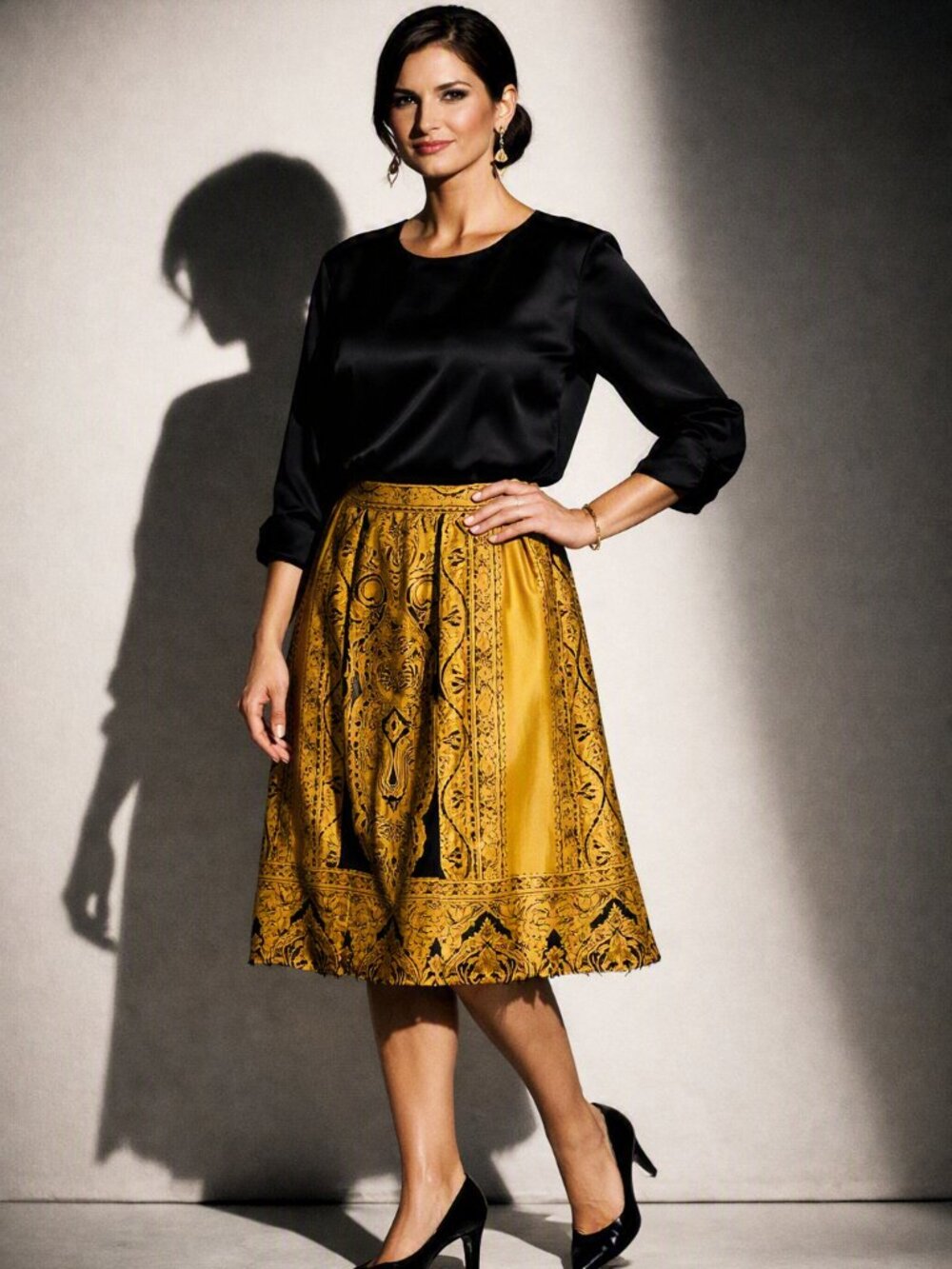 Etcetera Silk Brown Gold with Black Abstract Pattern & Pockets Skirt Size 4